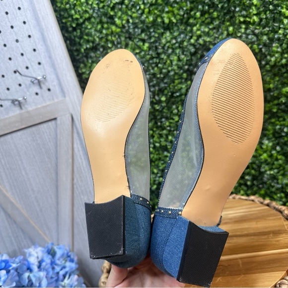 Denim gold studded mesh kitten block heel slip on - Picture 6 of 6